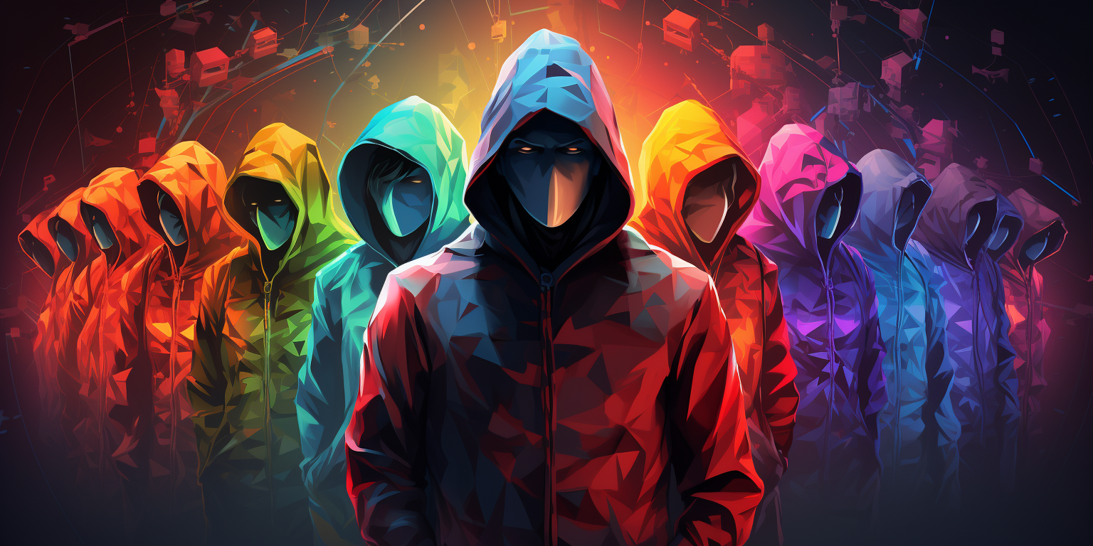 Colorful depictioin of a group of masked hackers wearing hoodies